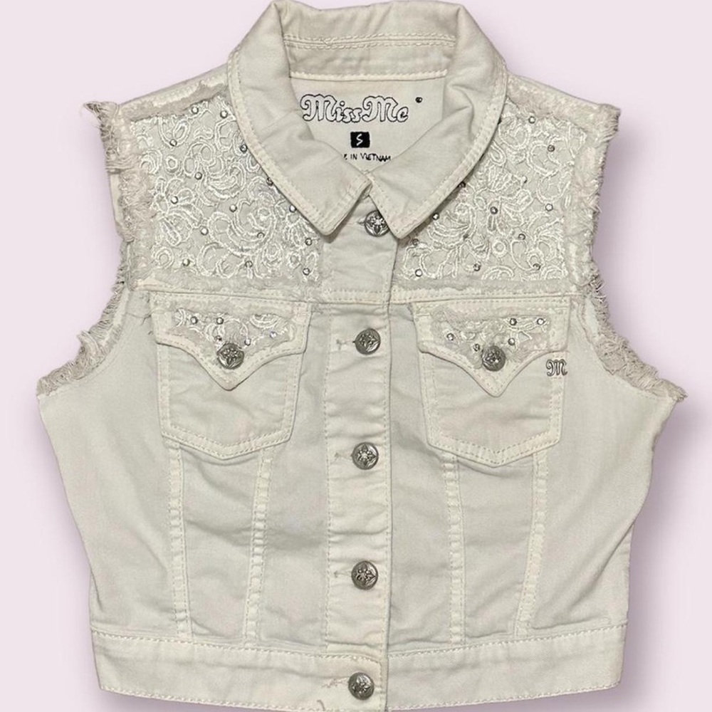 White rhinestone Miss Me Jean Jacket